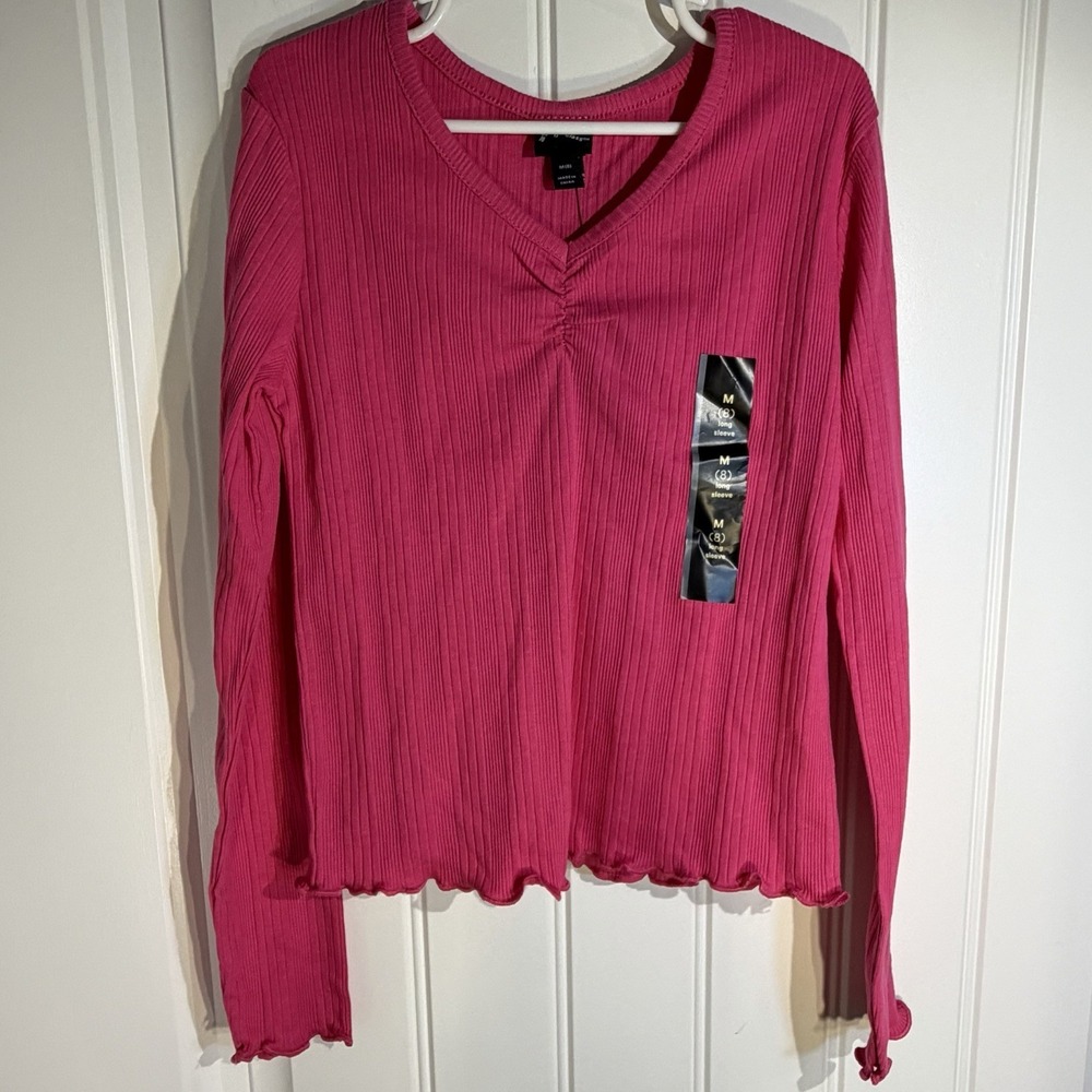 Art Class Bright Pink Ribbed Ruched Long Sleeve Top Girl's Medium (8)
